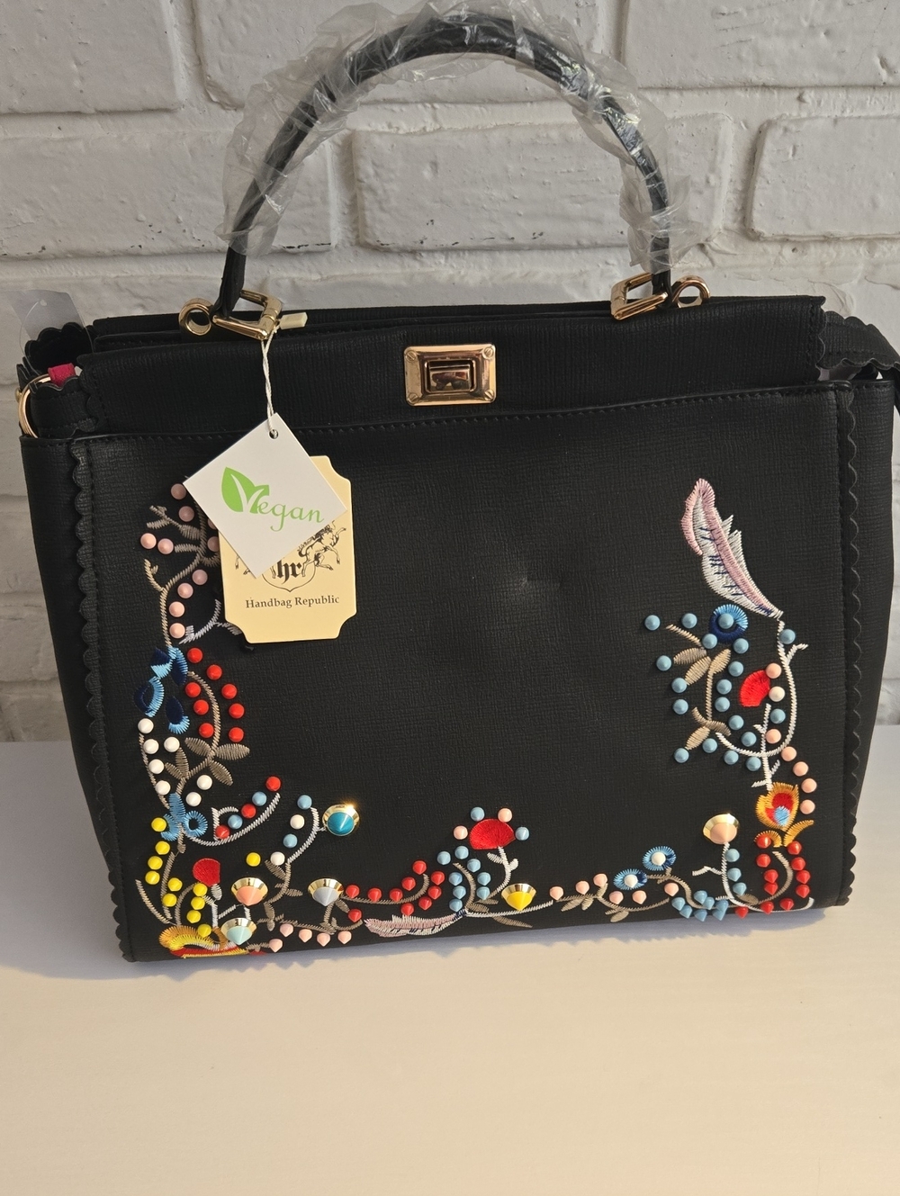 Vegan Black Embroidered Top-Handle Satchel by Handbag Republic
